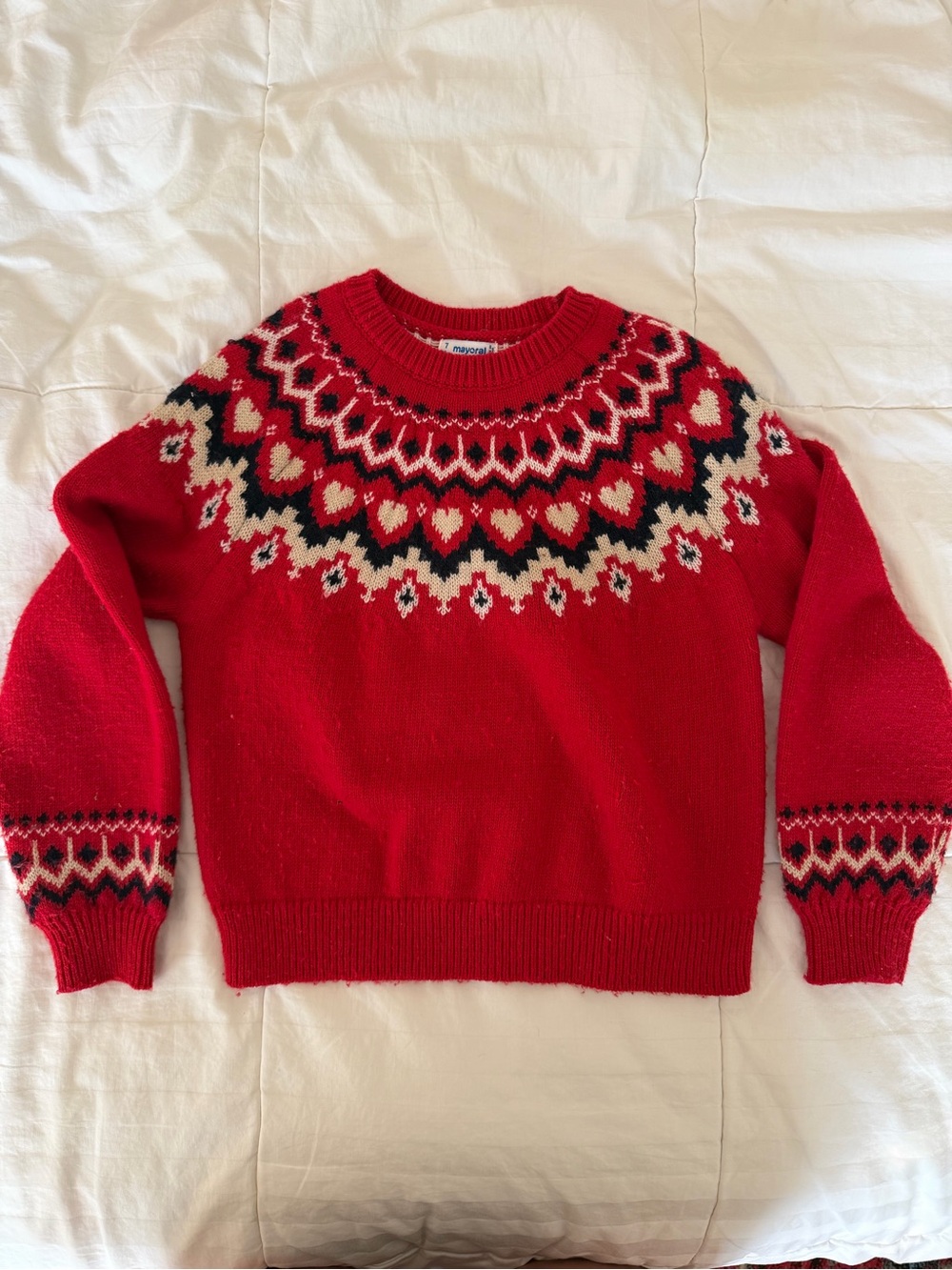 Girls Red Fair Isle Heart Yoke Sweater, size 7T